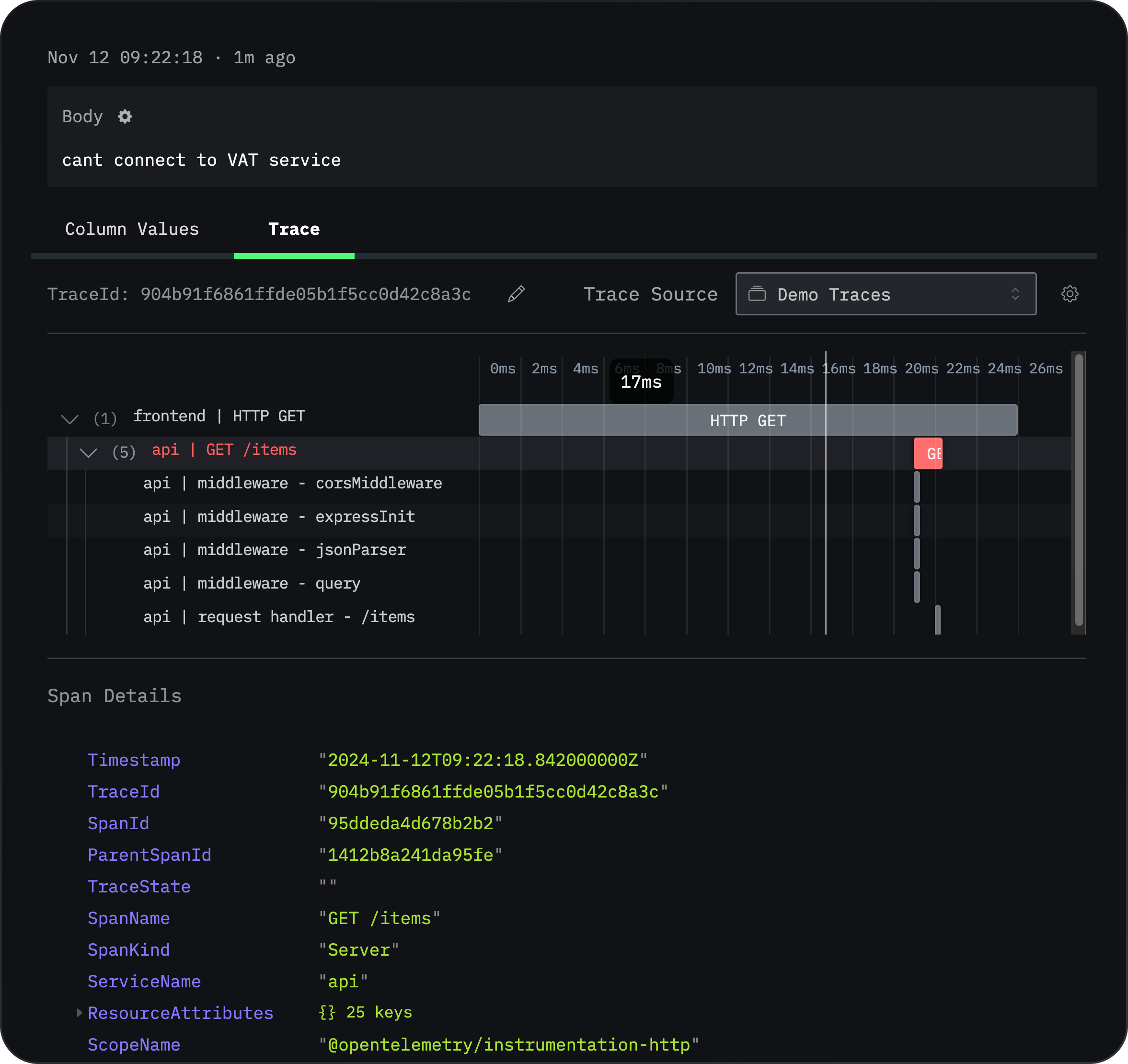 Automatically view correlated traces with logs